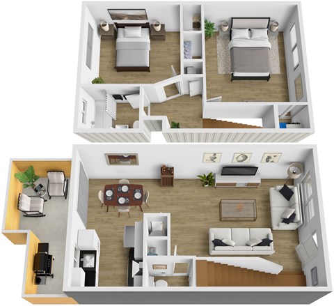 Floor plan for 2 beds, 1.5 baths, 987 sqft